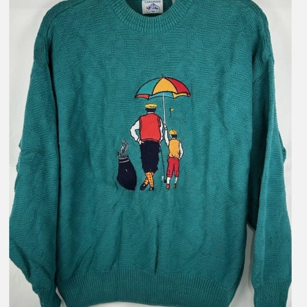 Vintage Cambridge Classics Turquoise Embroidered Golf Sweater Mens M Father Son